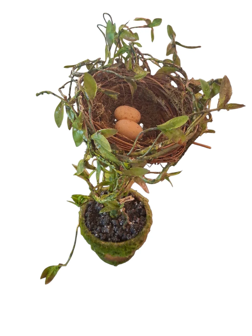 Faux Bird's Nest Topiary Plant in Moss Covered Pot Decor